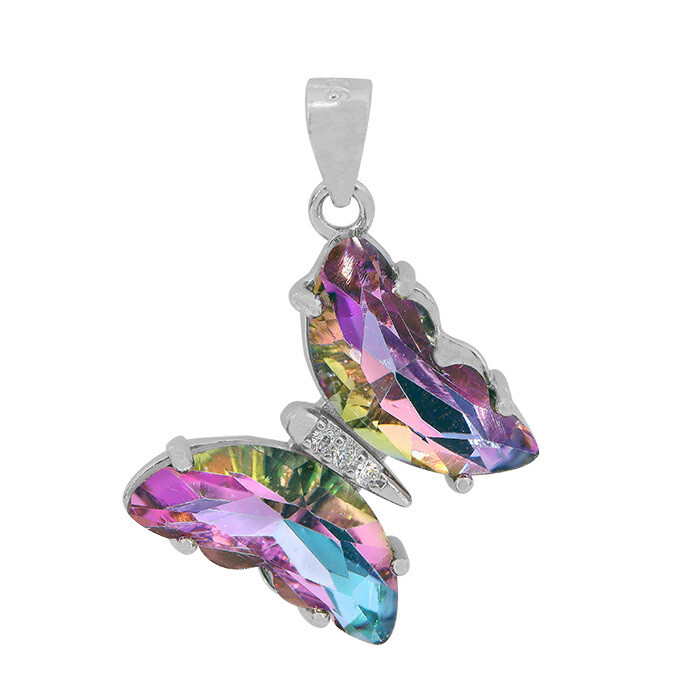 Sterling Silver With Rhodium, 15X18mm Butterfly Pendant With Crystal And Cubic Zirconia