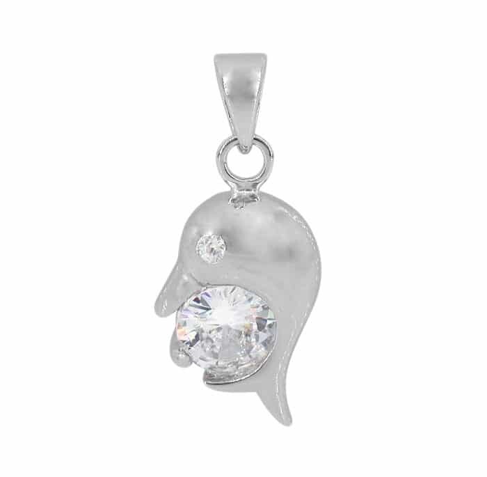 Sterling Silver With Rhodium, 9X13mm Dolphin Pendant With 6mm Cubic Zirconia