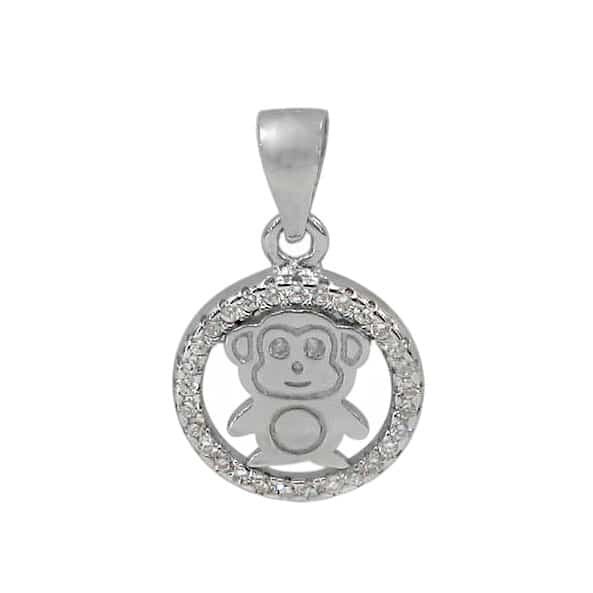 Sterling Silver With Rhodium, 14mm Monkey Pendant With Cubic Zirconia