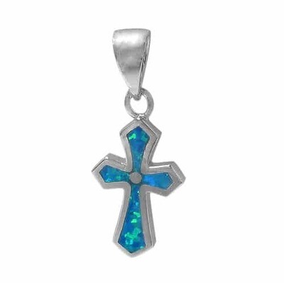 Sterling Silver With Rhodium, 16X10mm Cross Pendant With Emulated Opal