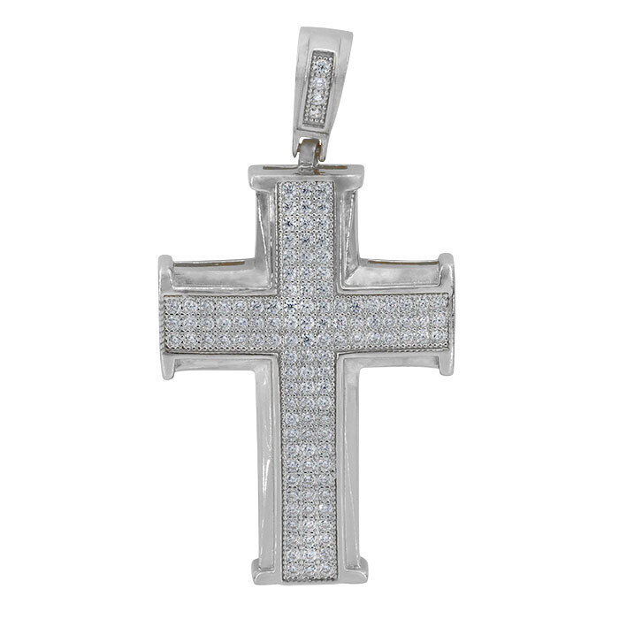 Sterling Silver With Rhodium, 32X45mm Cross Pendant With Cubic Zirconia