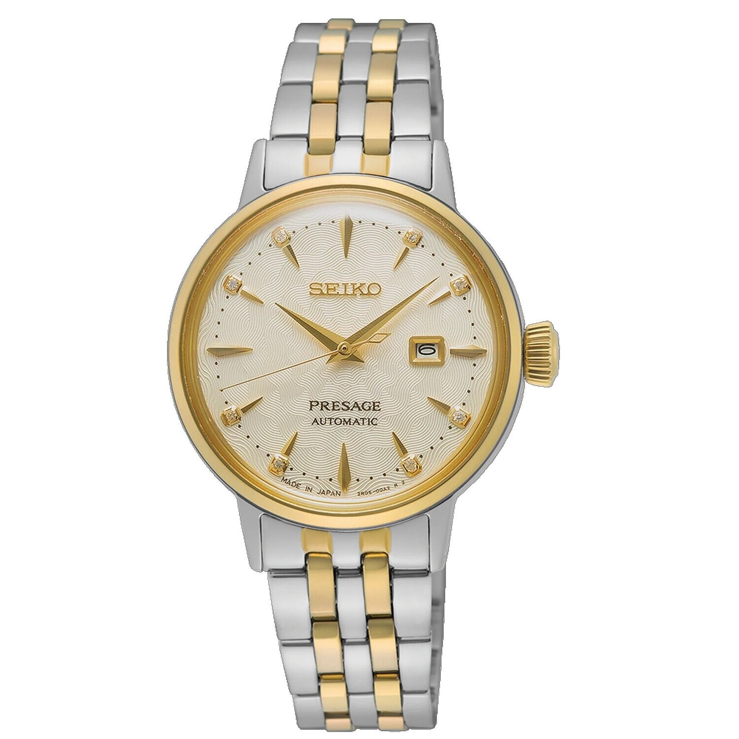 Seiko Presage Yellow Dial 30MM Cocktail Time &#39;White Lady&#39; Diamond Twist Automatic SRE010