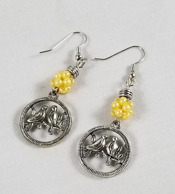 Charming love birds & clustered buttercream yellow pearl earrings on stainless steel ear-wires