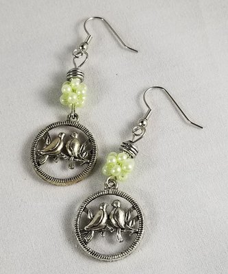 Lovebird earrings with light green pearl cluster on stainless steel ear wires
