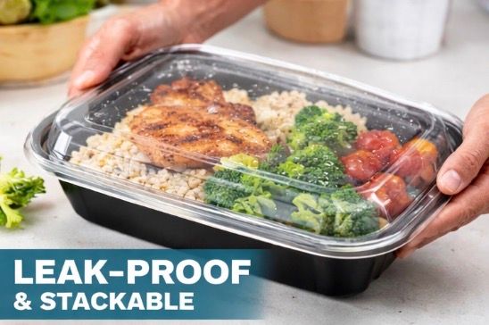 24 oz Rectangular Meal Prep Containers – Black Base with Clear Lid (150 Pack)