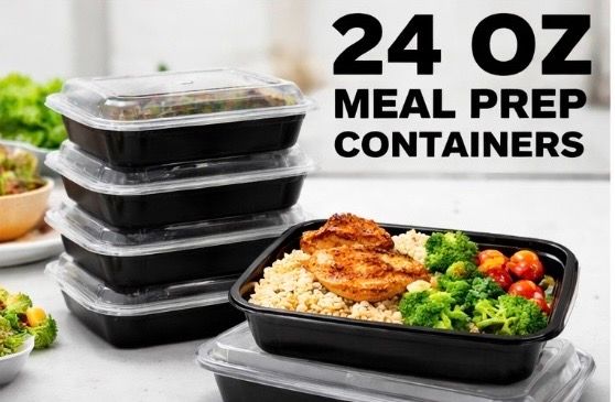 24 oz Rectangular Meal Prep Containers – Black Base with Clear Lid (150 Pack)