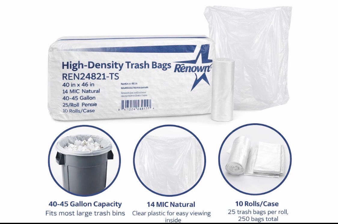 High-Density Trash Bags, 40” x 46”, 40–45 Gallon, 14 Mic, Natural, 250 Bags (10 Rolls/Case)