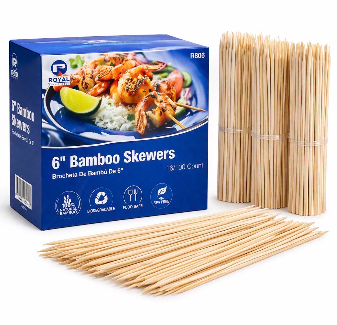6 Inch Bamboo Skewers – 1,600 Count (16 x 100) – Natural, Biodegradable, Food Safe Wooden Sticks for Grilling, Appetizers, Fruit, Kabobs &amp; BBQ