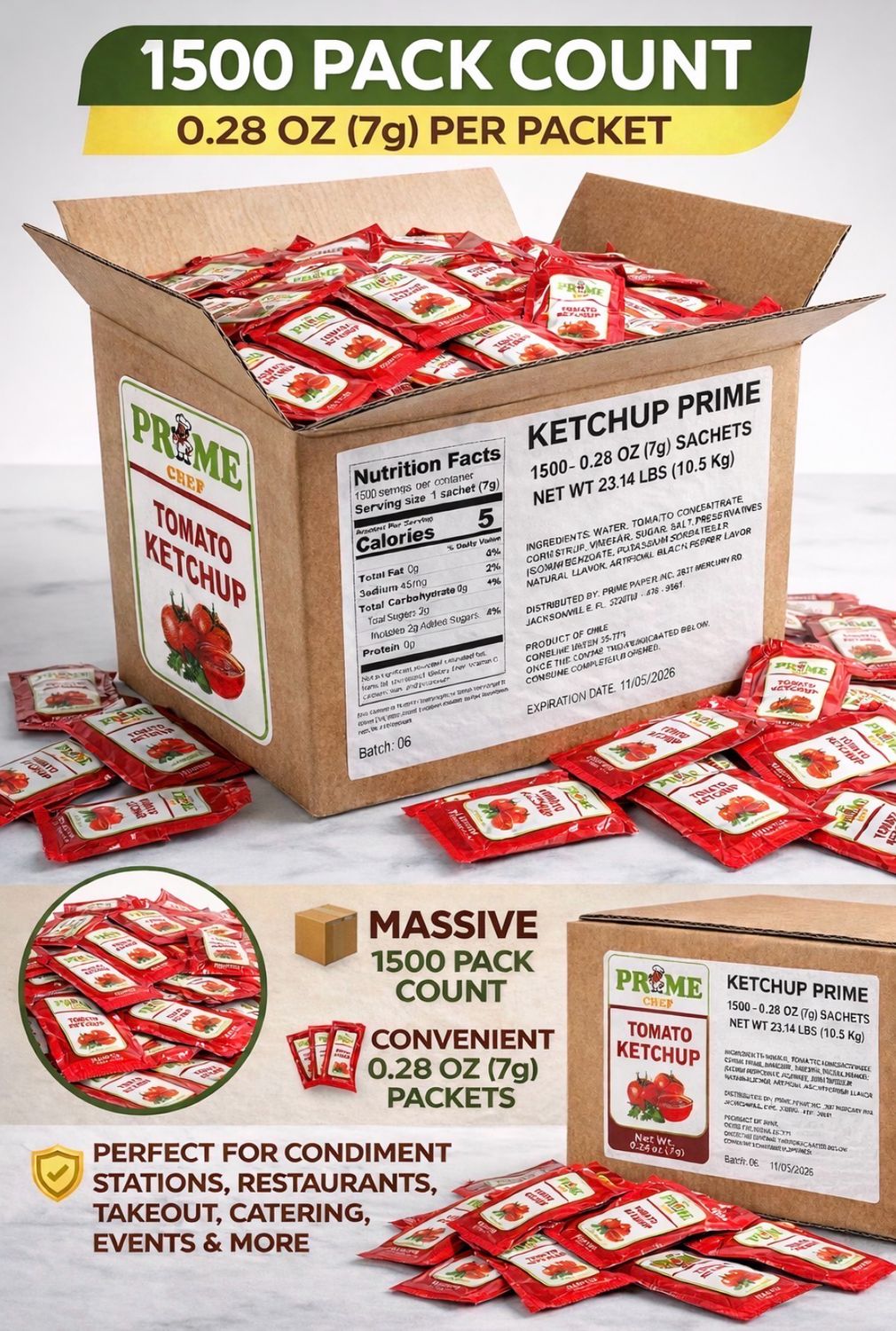 Prime Chef Tomato Ketchup Packets – 1500 Count (0.28 oz / 7g Each)