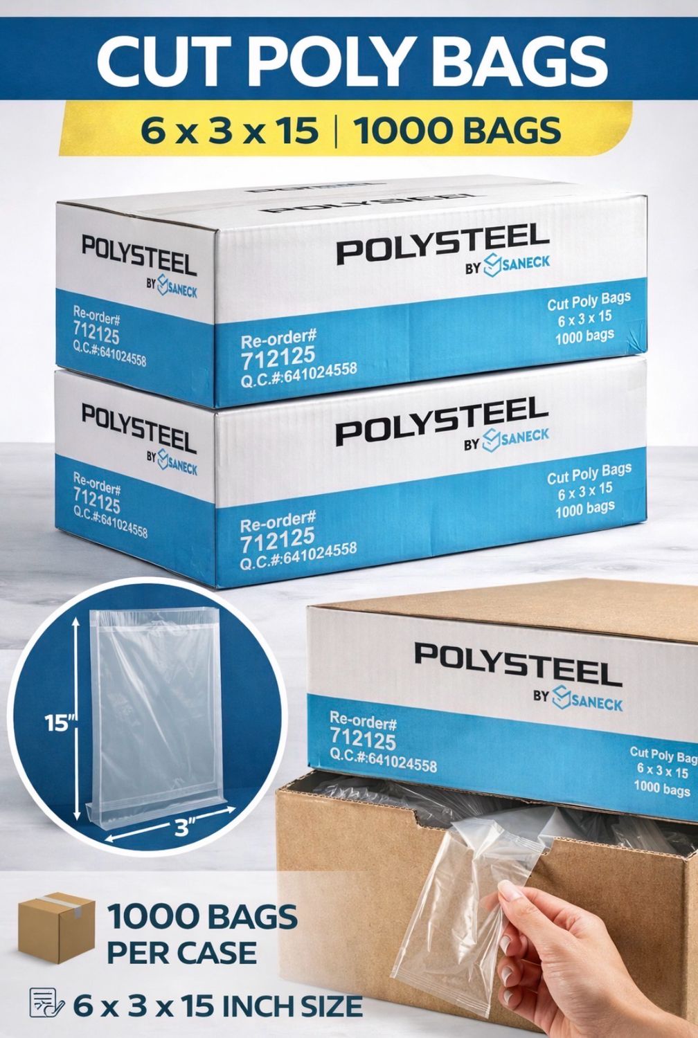 Premium Cut Poly Bags – 6” x 3” x 15” (1000 Count)