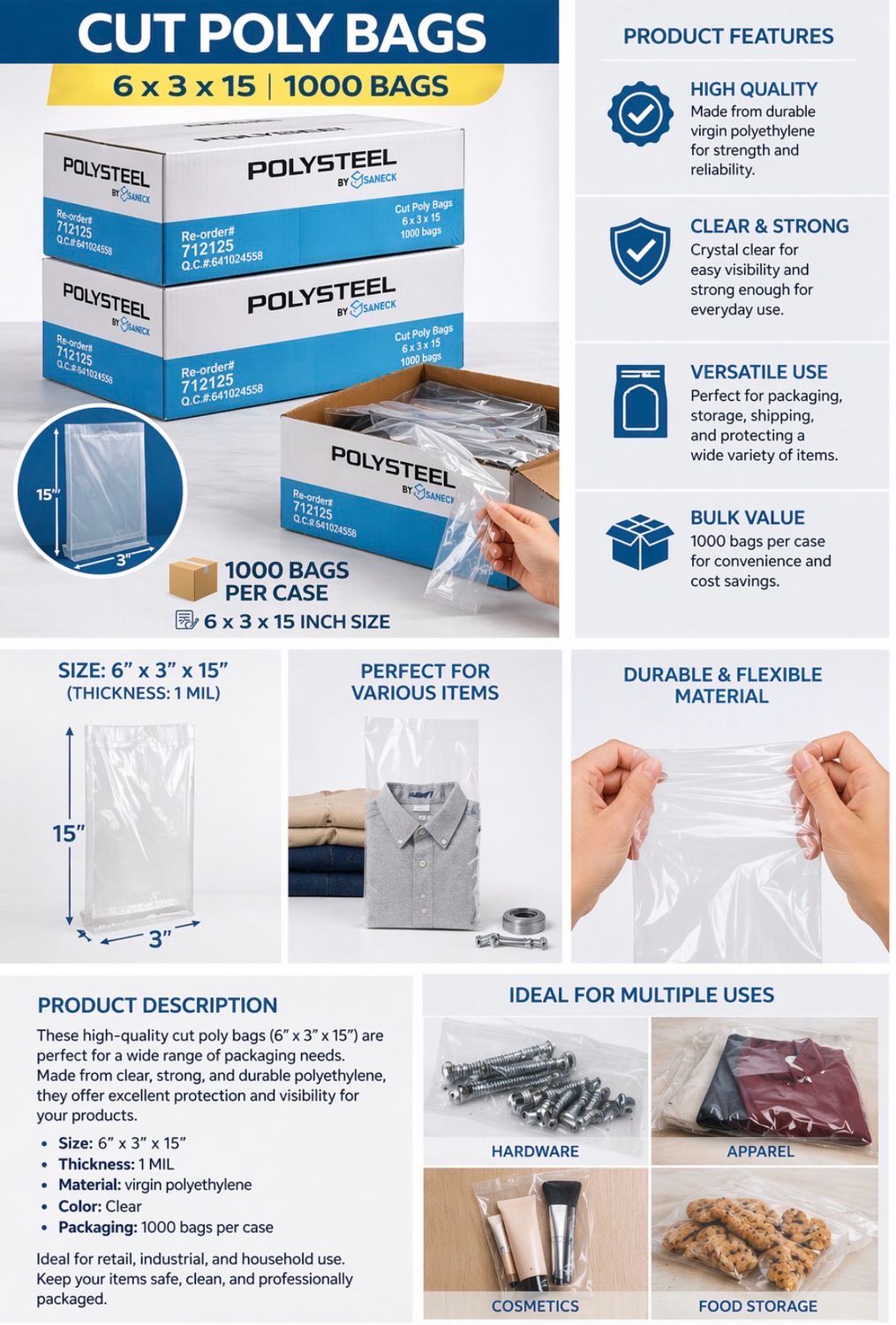 Premium Cut Poly Bags – 6” x 3” x 15” (1000 Count)