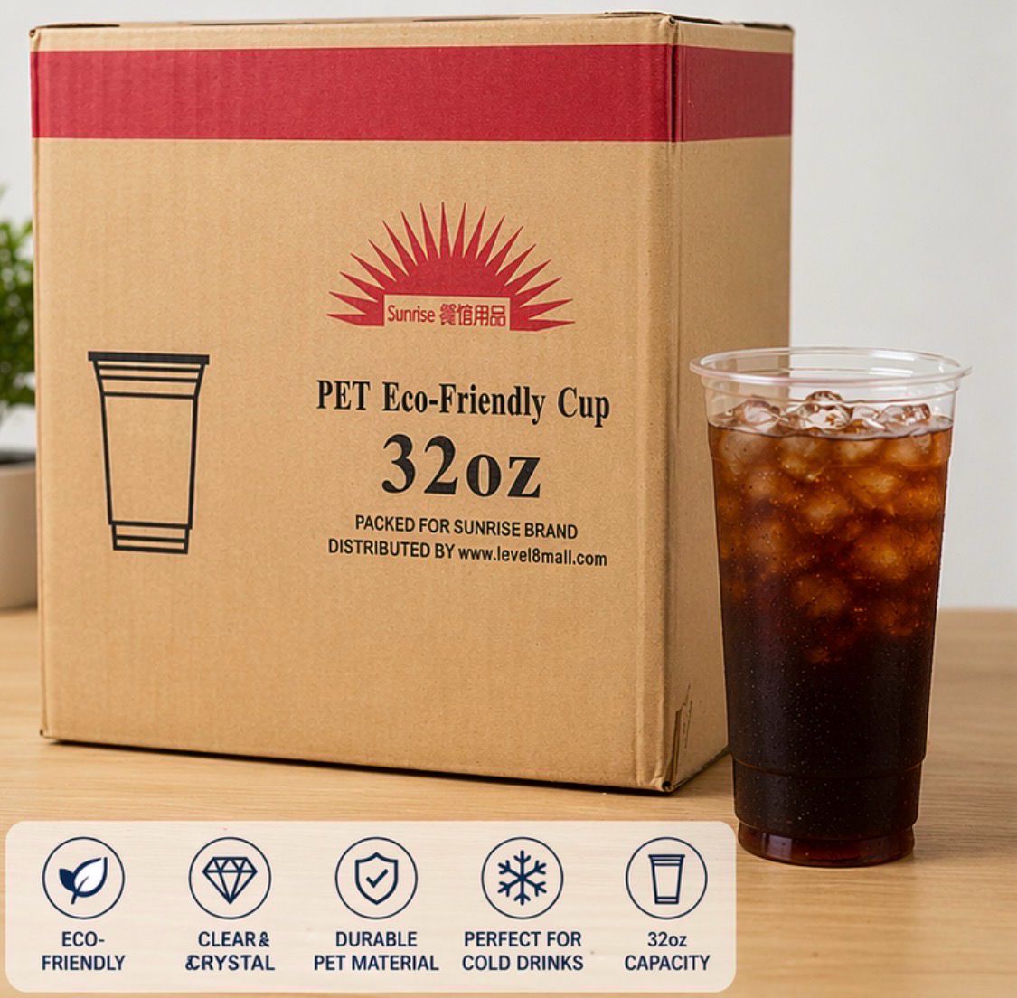32 oz Clear PET Eco-Friendly Cups – Heavy Duty Disposable Cold Drink Cups (600 Count)