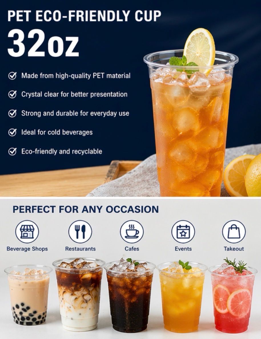 32 oz Clear PET Eco-Friendly Cups – Heavy Duty Disposable Cold Drink Cups (600 Count)