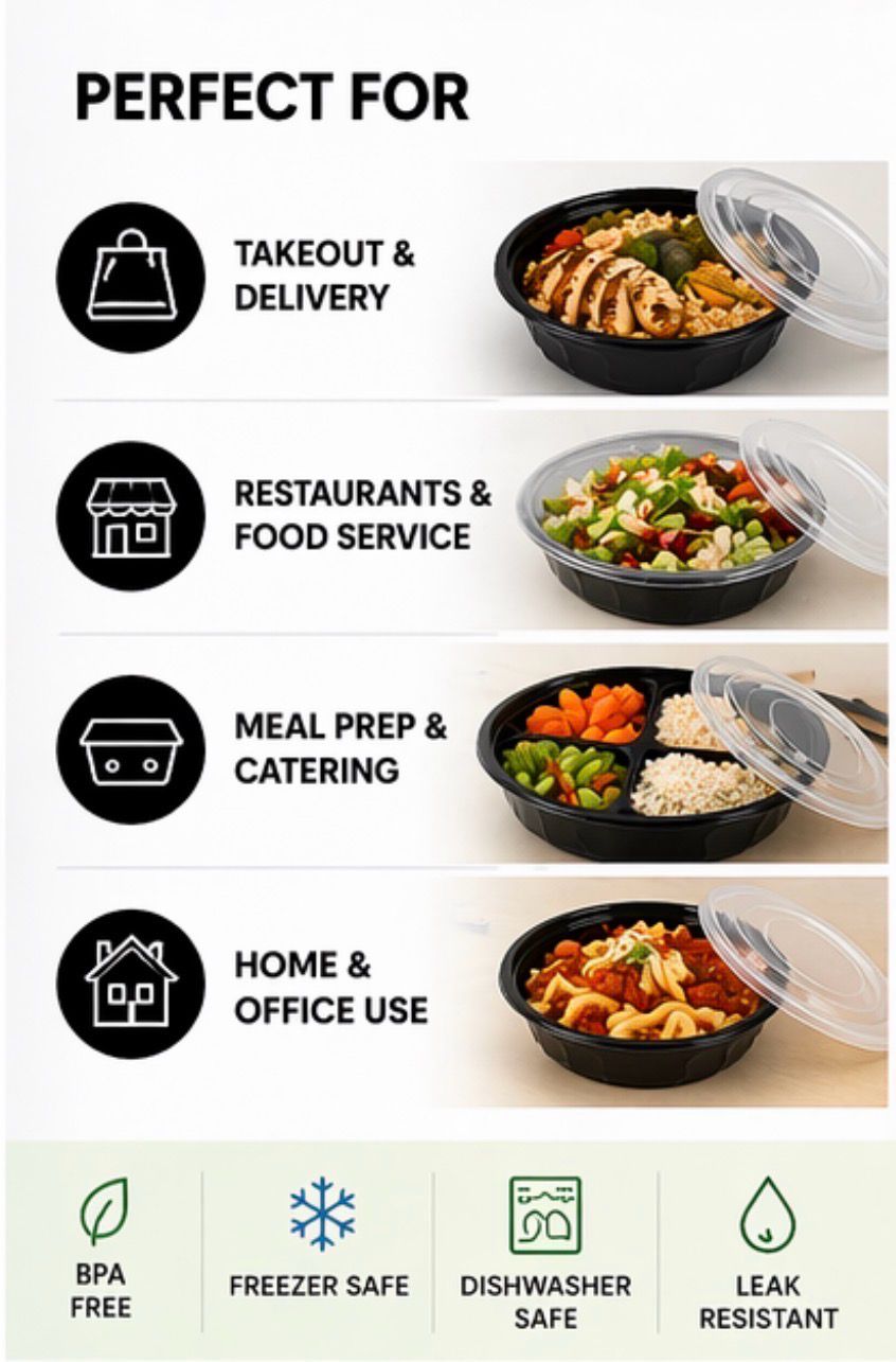 42 oz Black Microwavable Meal Prep Containers with Lids – 150 Set Combo Pack