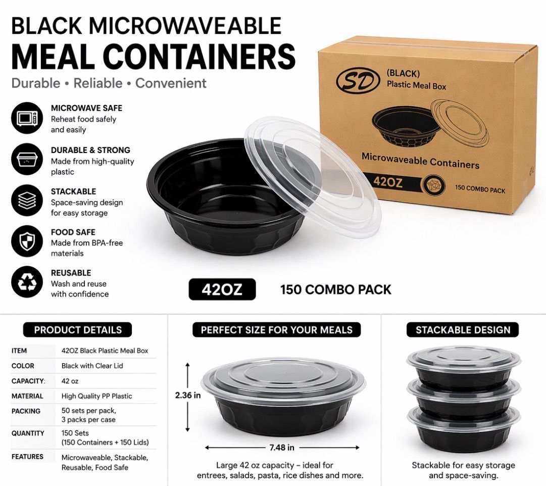 42 oz Black Microwavable Meal Prep Containers with Lids – 150 Set Combo Pack