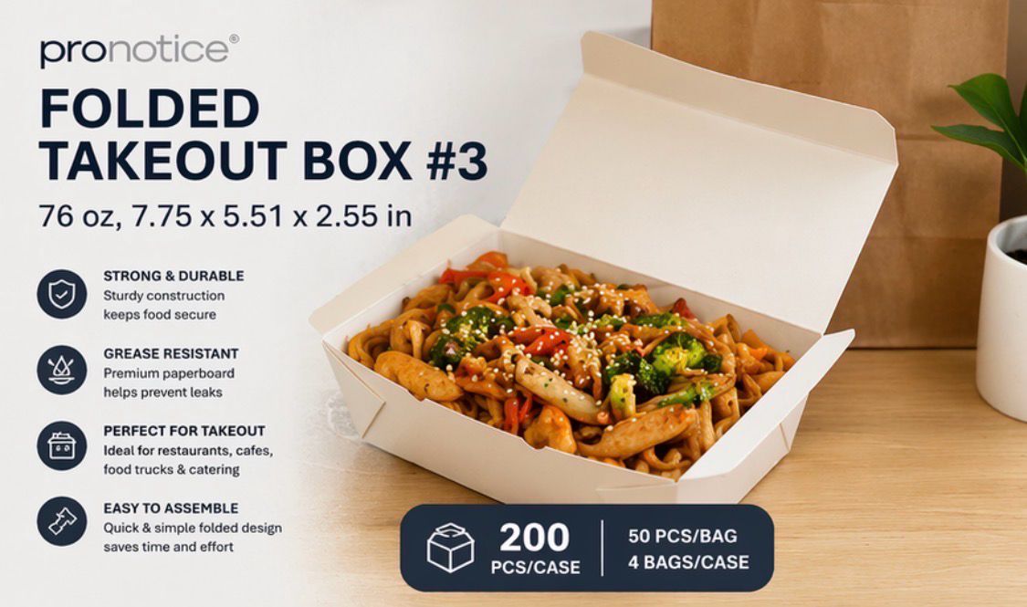 Folded Takeout Boxes #3 – 76 oz Disposable Food Containers (200 Per Case)