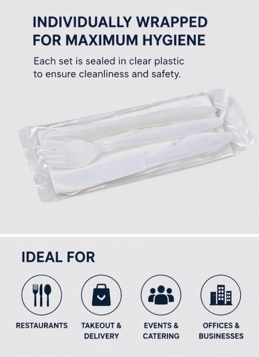 Disposable Cutlery Set – Fork, Knife, Spoon &amp; Napkin (Individually Wrapped, 500 Count)