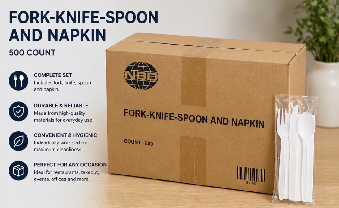 Disposable Cutlery Set – Fork, Knife, Spoon &amp; Napkin (Individually Wrapped, 500 Count)