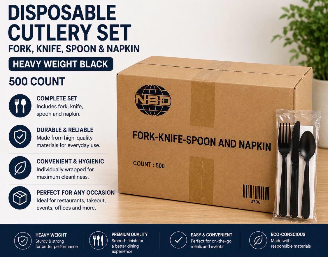 Disposable Cutlery Set – Fork, Knife, Spoon &amp; Napkin Medium Weight, Black(Individually Wrapped, 500 Count)