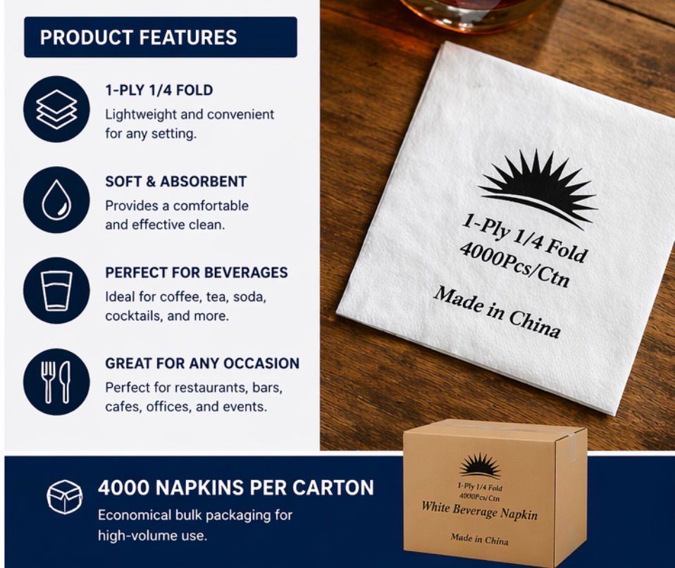 White Beverage Napkins – 1-Ply 1/4 Fold Disposable Napkins (4000 Per Container)