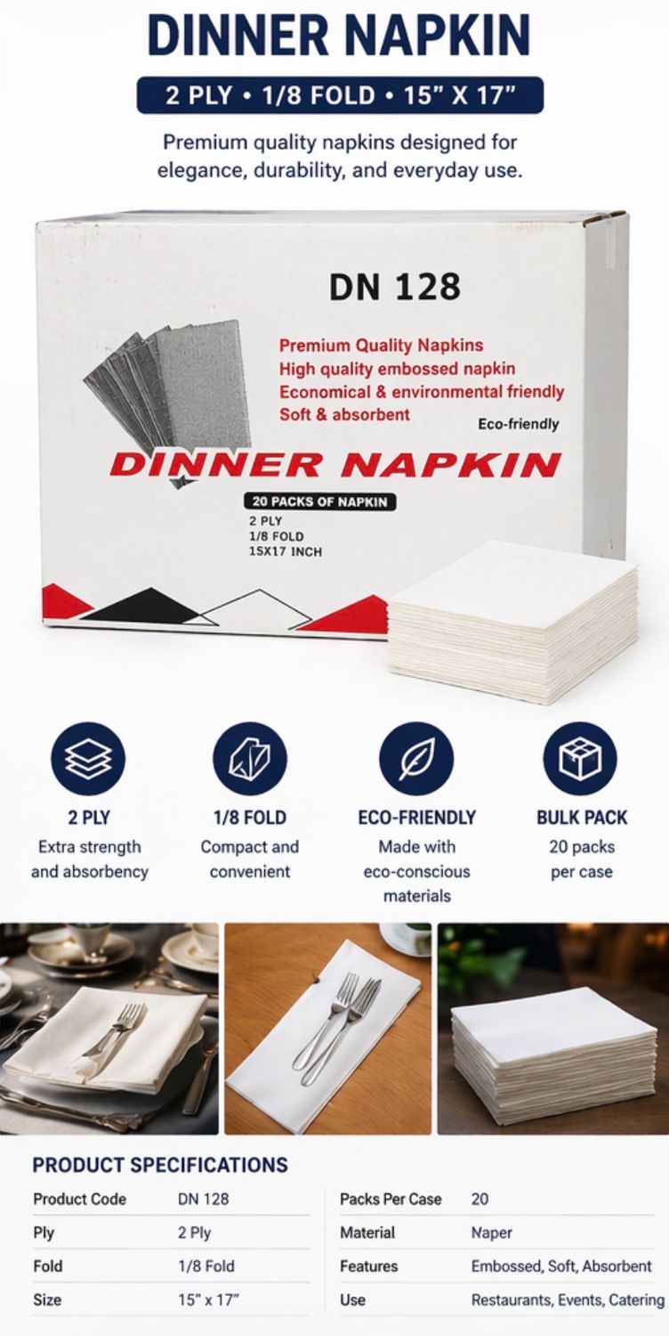 Premium Dinner Napkins – 2 Ply, 1/8 Fold (15” x 17”) Bulk Pack