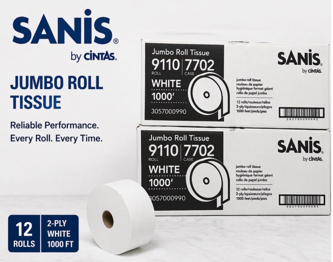 SANIS Jumbo Roll Toilet Paper – 2-Ply, 1000 ft Rolls (12 Rolls per Case) – Commercial Bathroom Tissue