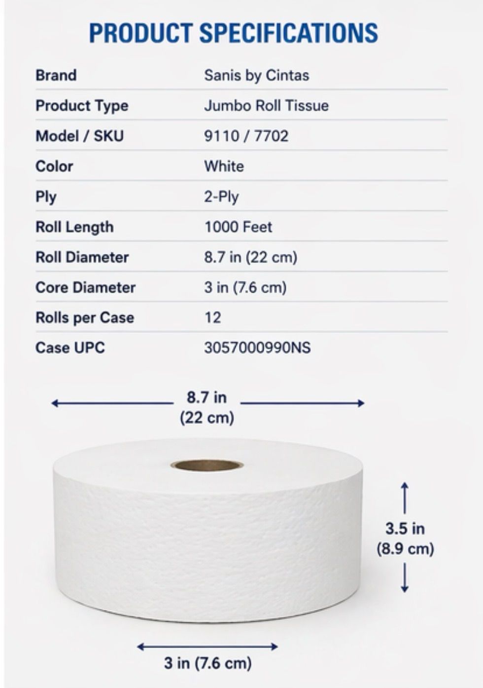 SANIS Jumbo Roll Toilet Paper – 2-Ply, 1000 ft Rolls (12 Rolls per Case) – Commercial Bathroom Tissue