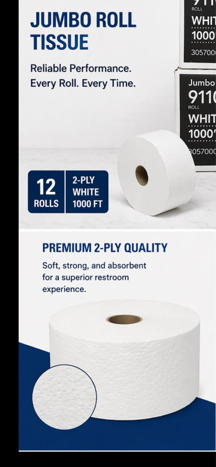 SANIS Jumbo Roll Toilet Paper – 2-Ply, 1000 ft Rolls (12 Rolls per Case) – Commercial Bathroom Tissue