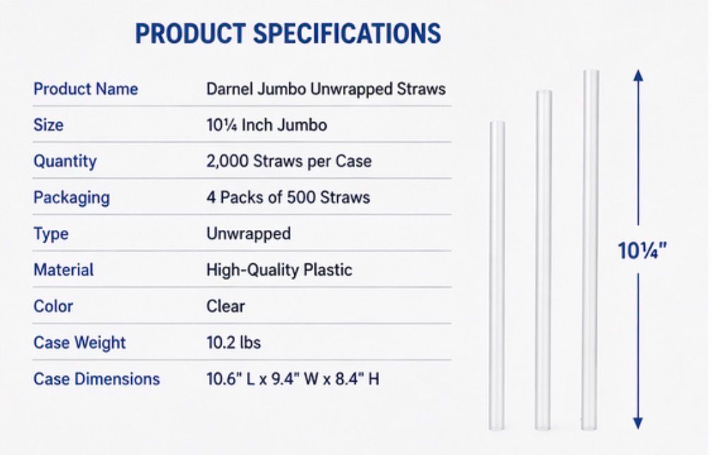Darnel Jumbo Unwrapped Straws – 10¼” Clear Plastic Straws (2000 Count Bulk Case)