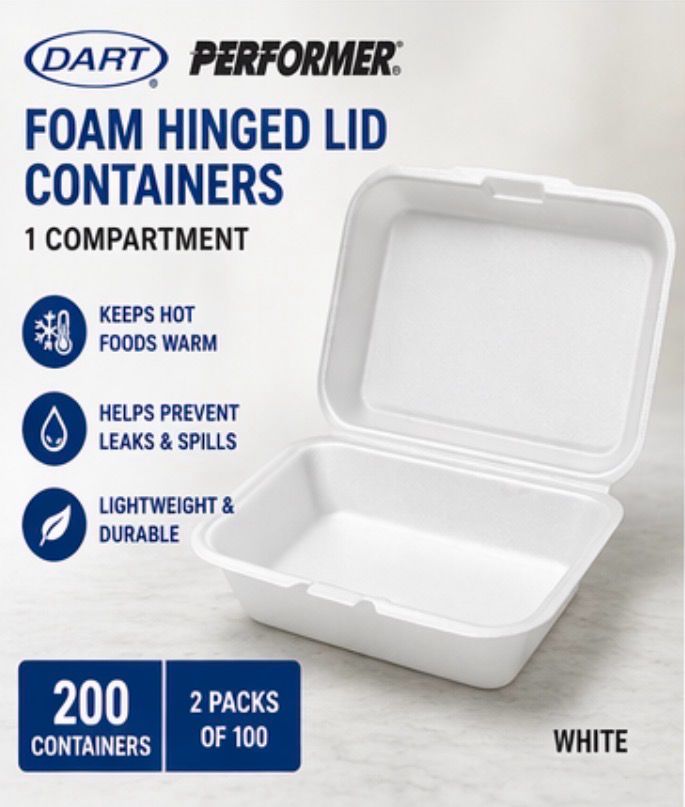 Dart Performer Foam Hinged Lid Containers – 1 Compartment Takeout Boxes (200 Count)