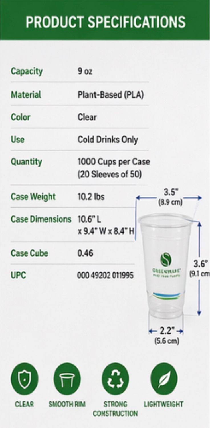 Greenware 9 oz Compostable Cold Cups – Plant-Based Clear Drink Cups (1000 Count)