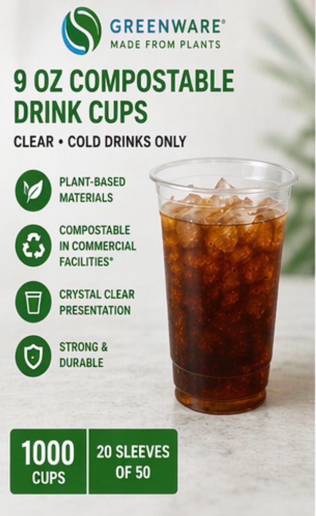 Greenware 9 oz Compostable Cold Cups – Plant-Based Clear Drink Cups (1000 Count)