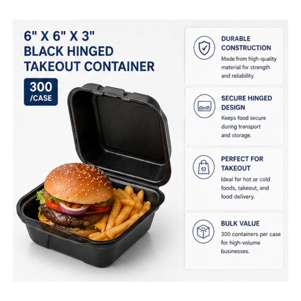 6" x 6" x 3" Black Hinged Takeout Container (300/Case)