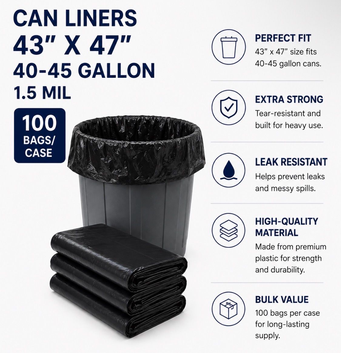 Can Liners 43x47" 40-45 Gallon 1.5 Mil (100 Bags/Case)