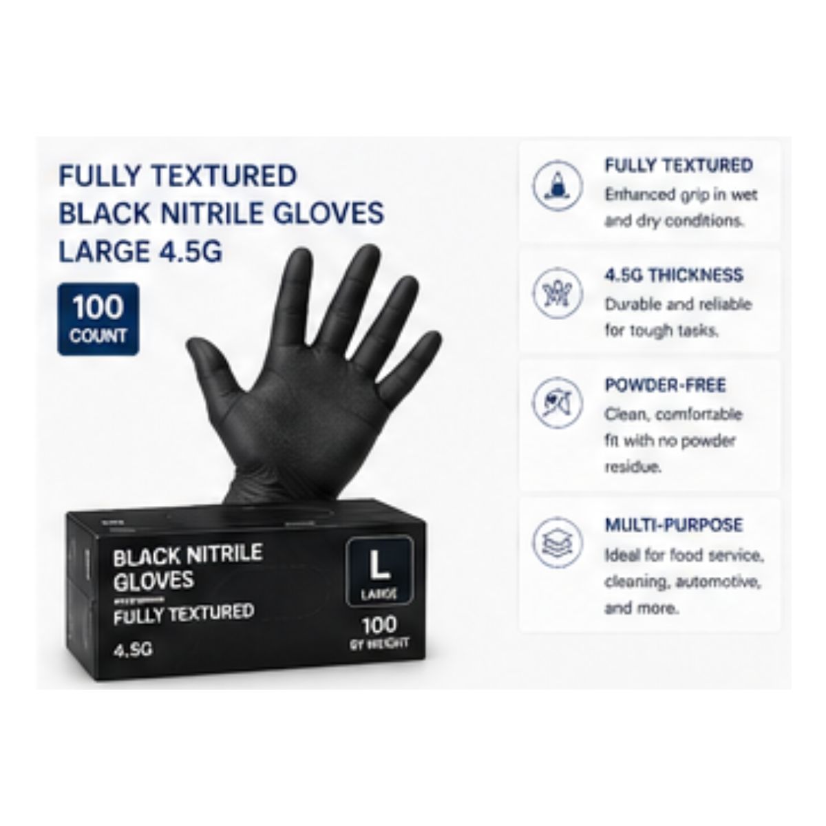 Fully Textured Black Nitrile Gloves – Large 4.5G (1000 Count)