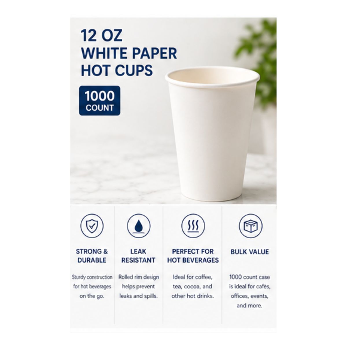 12 oz White Paper Hot Cups (1000 Count)