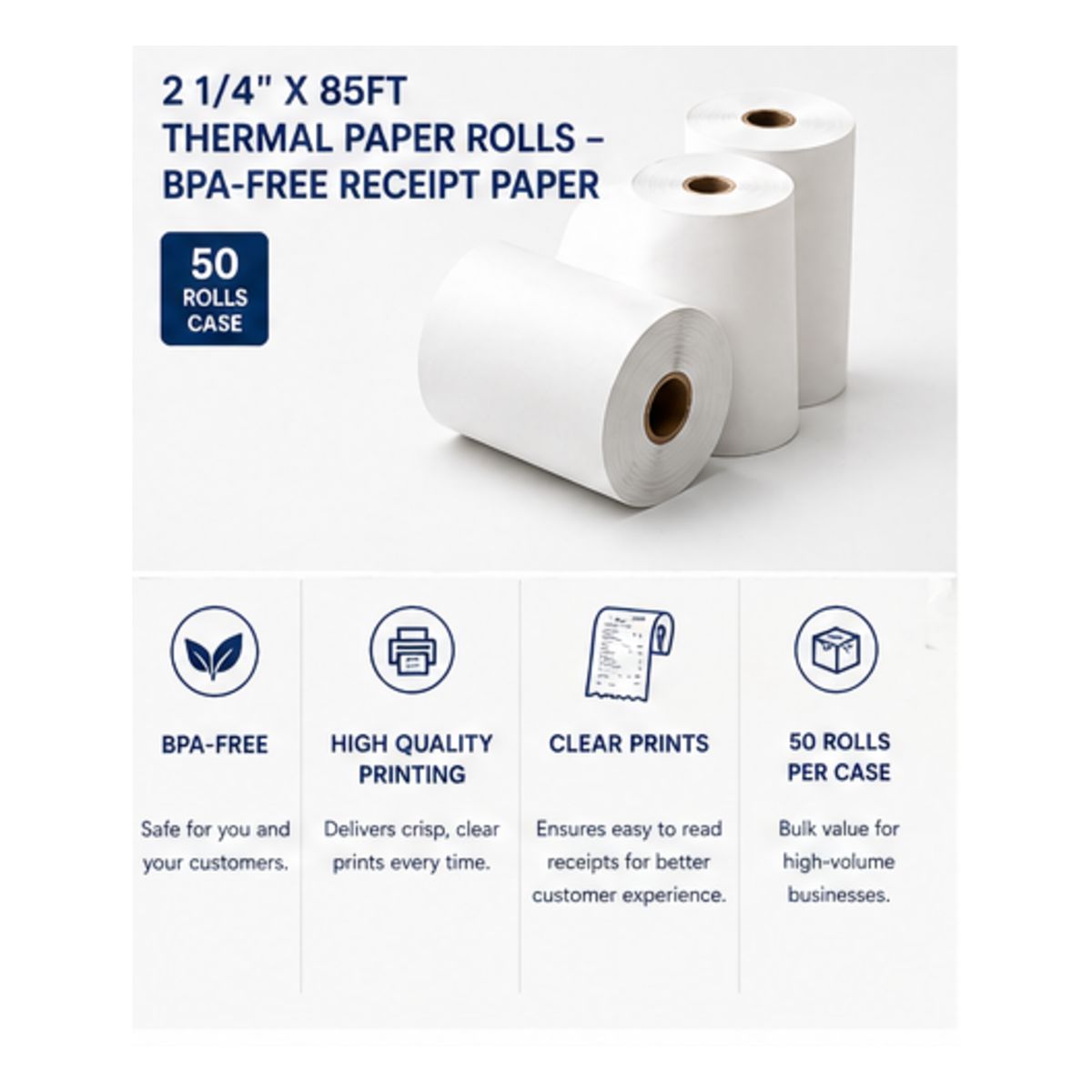 2 1/4 x 85ft Thermal Paper Rolls – BPA-Free Receipt Paper (50 Rolls/Case)