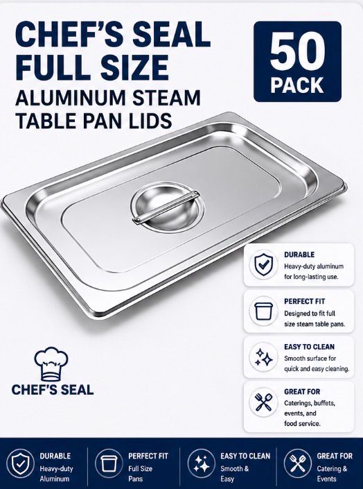Chef's Seal Full Size Aluminum Steam Table Pan Lids (50 Pack)