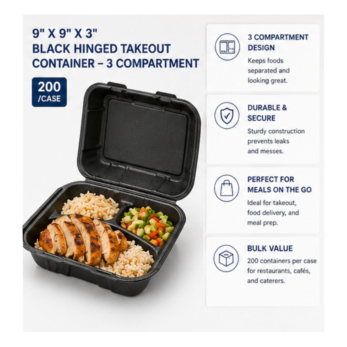 9" x 9" x 3" Black Hinged Takeout Container – 3 Compartment (200/Case)