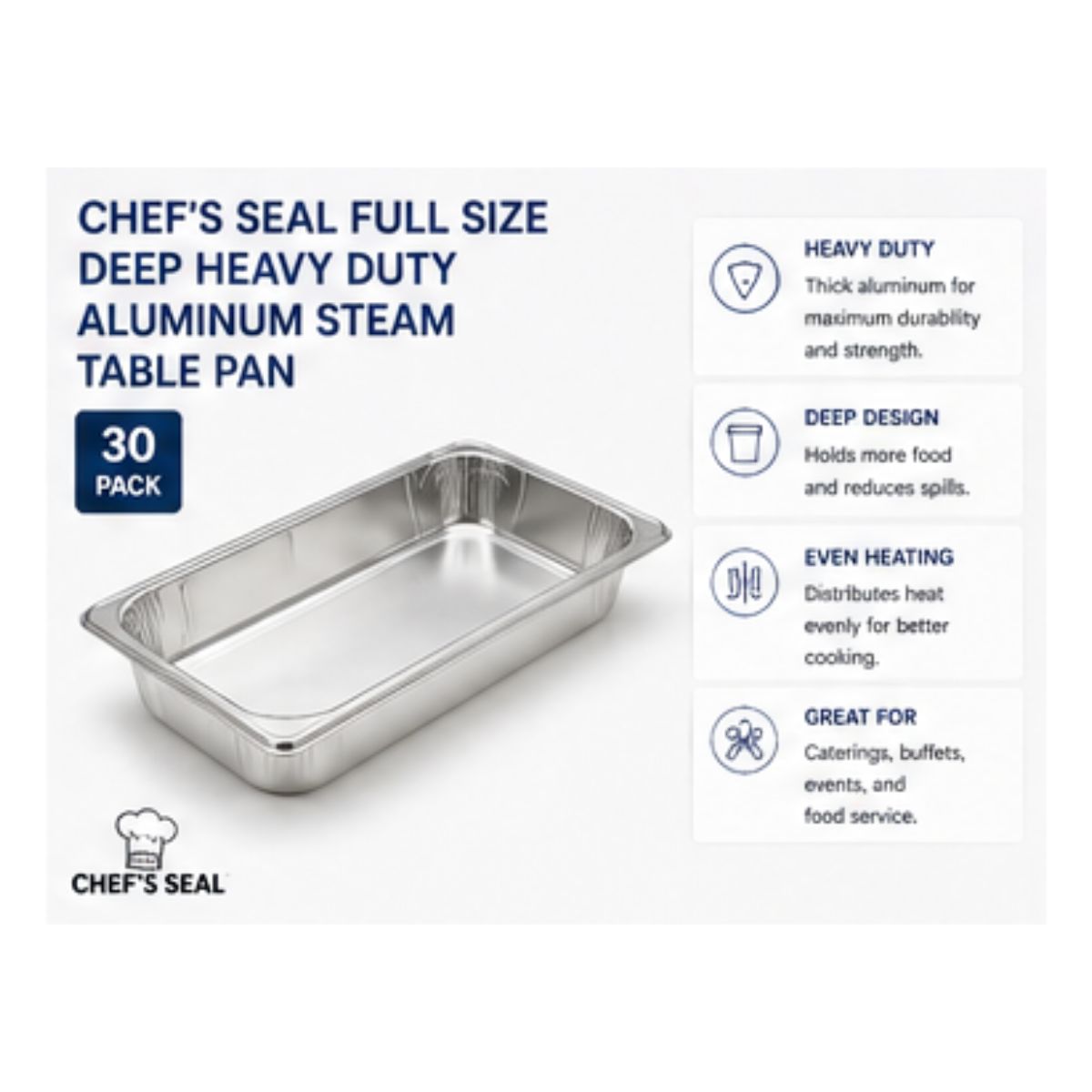 Chef's Seal Full Size Deep Heavy Duty Aluminum Steam Table Pan (50 Pack)