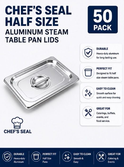 Chef's Seal Half Size Aluminum Steam Table Pan Lids (50 Pack)