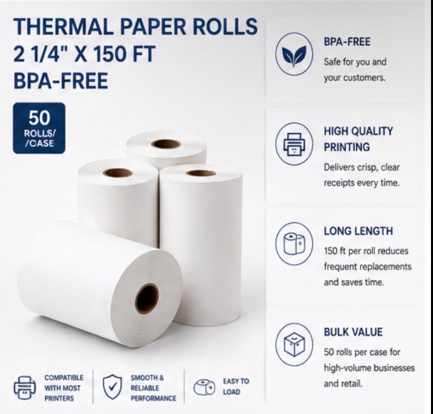 Thermal Paper Rolls 2 1/4" x 150 ft – BPA-Free (50 Rolls/Case)