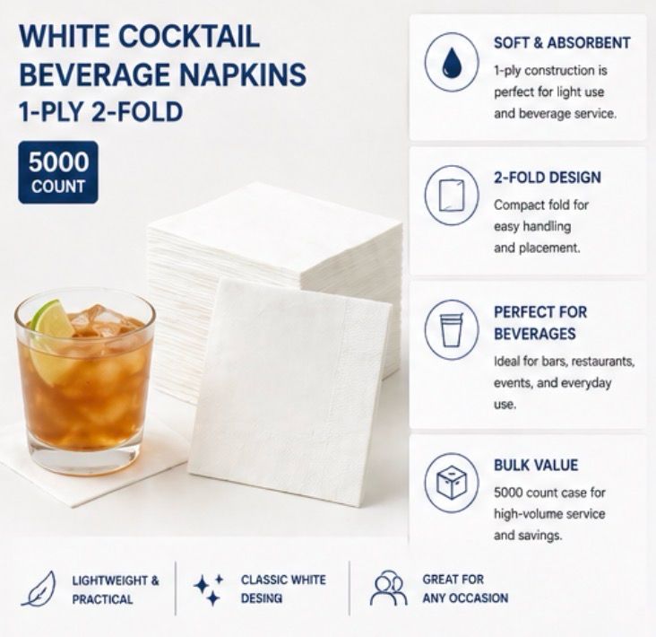 White Cocktail Beverage Napkins – 1-Ply 2-Fold (5000 Count)