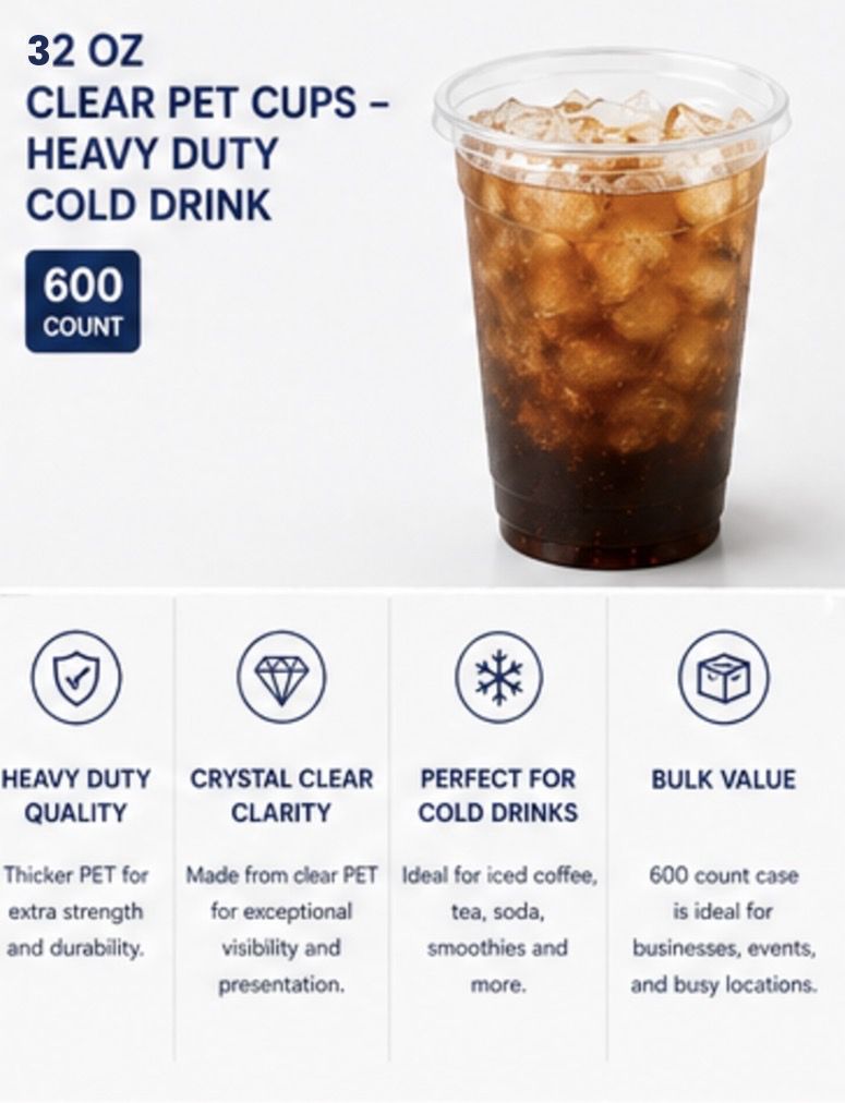 32 oz Clear PET Cups – Heavy Duty Cold Drink (600 Count)