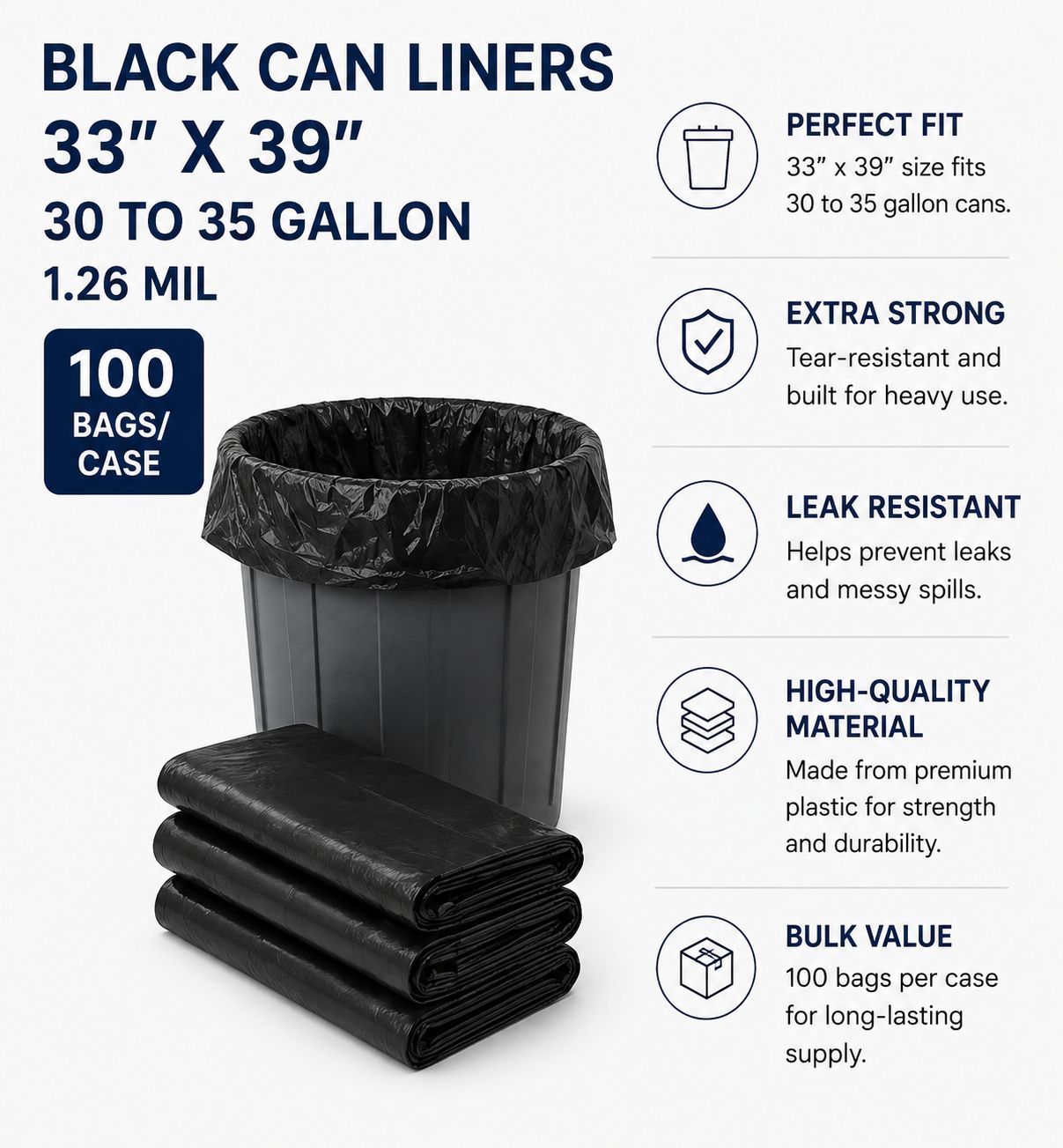 Can Liners 33” x 39" 30-35 Gallon 1.26 Mil (100 Bags/Case)