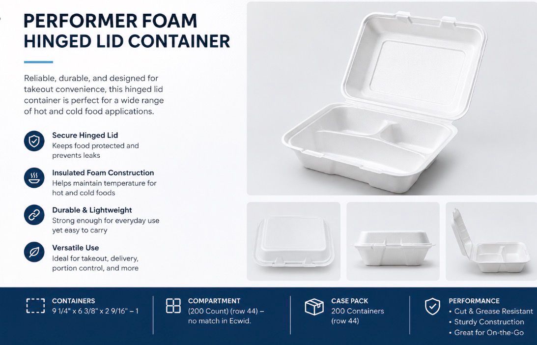 Performer Dart Foam Hinged Lid Containers 9 1/4" × 6 3/8" x 29/16" - 1 Compartment (200 Count)