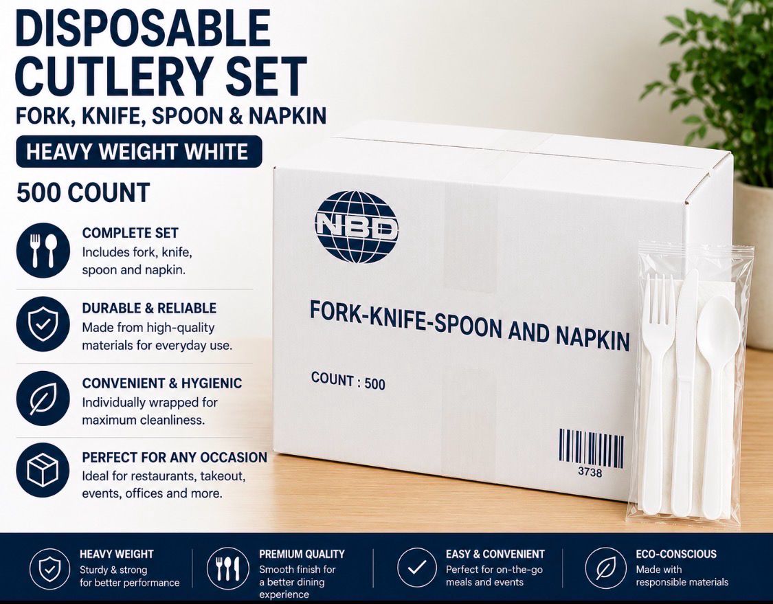 White Disposable Cutlery Set – Fork, Knife, Spoon &amp; Napkin Medium Weight, (Individually Wrapped, 500 Count)
