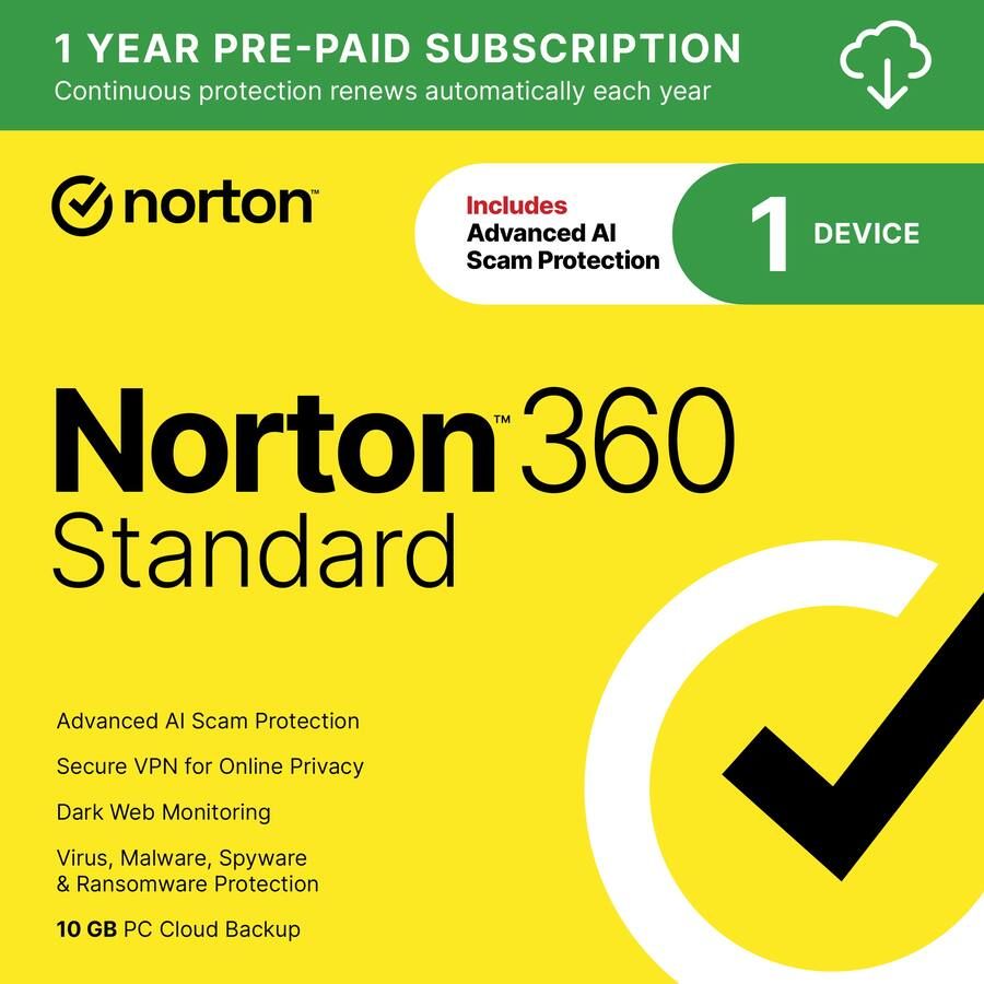 Norton - 360 Standard (1 Device) Antivirus Internet Security + Scam Protection + VPN + Dark Web Monitoring (1 Year Subscription)