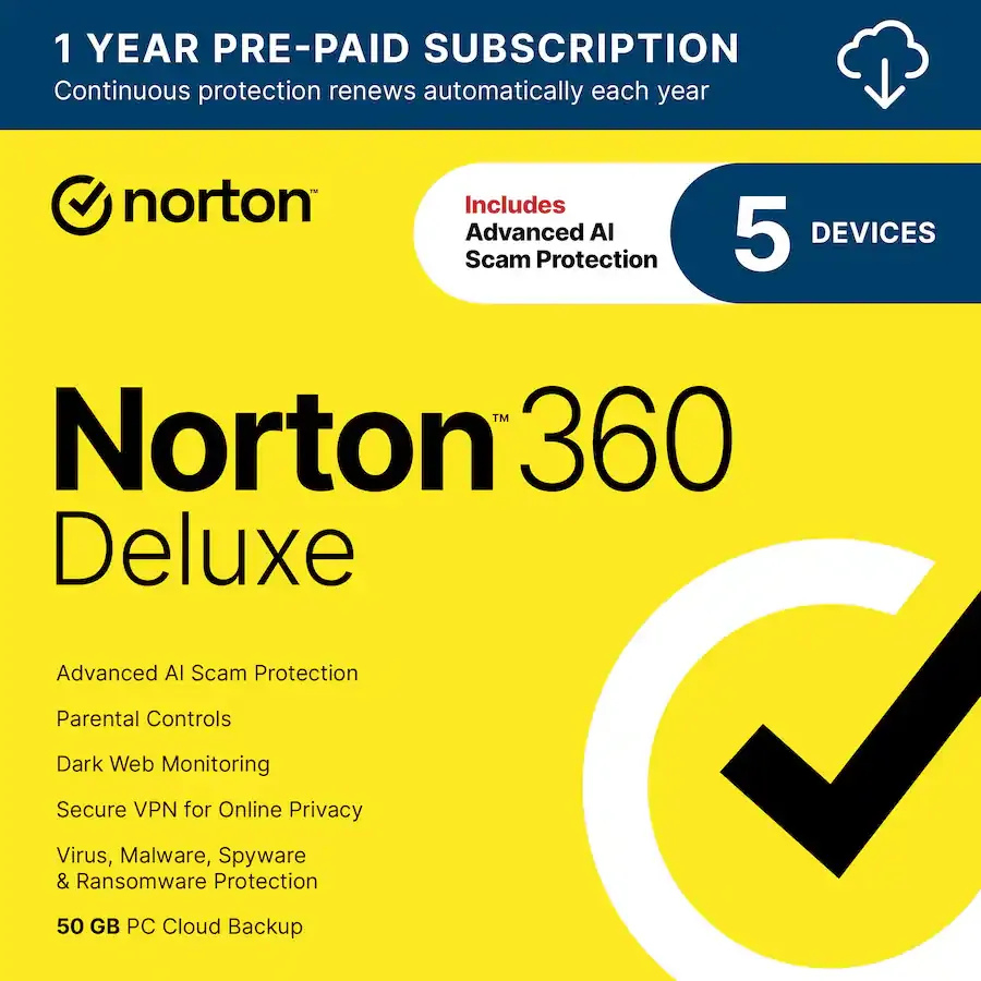Norton 360 Deluxe (5 Device) – 1 Year Subscription