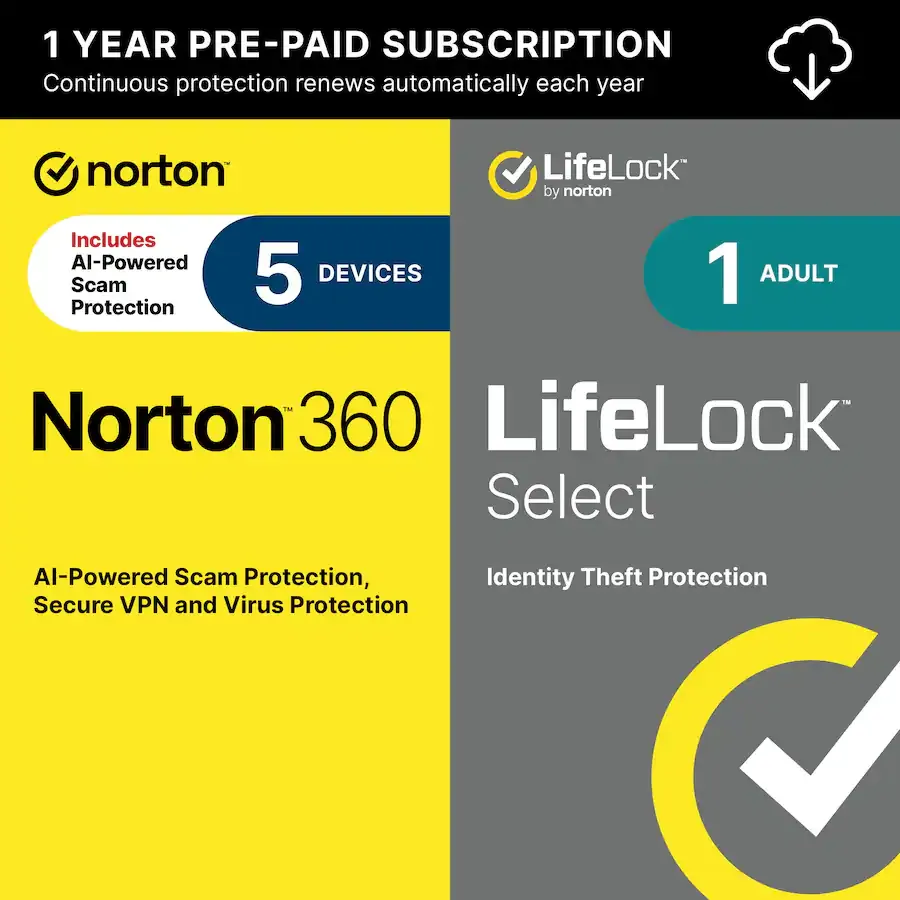 Norton 360 Deluxe (5 Device) + LifeLock Select – 1 Year Subscription